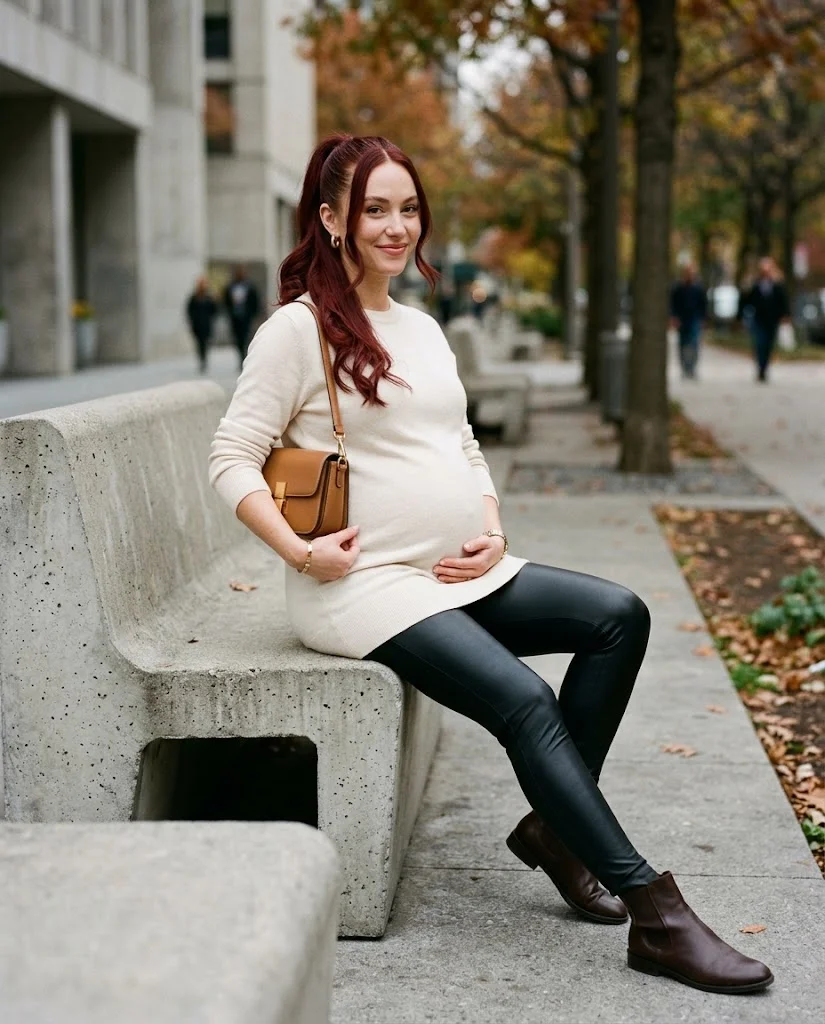 Faux-Leather Maternity Leggings with a Longline Top Fall Pregnancy Outfit