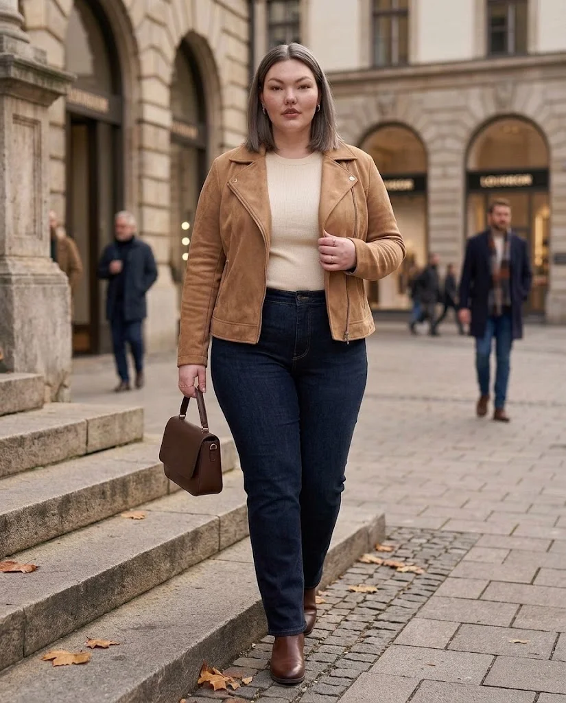 Faux-Suede Jacket and Dark Denim with Ankle Boots Plus Size Late Fall Outfit