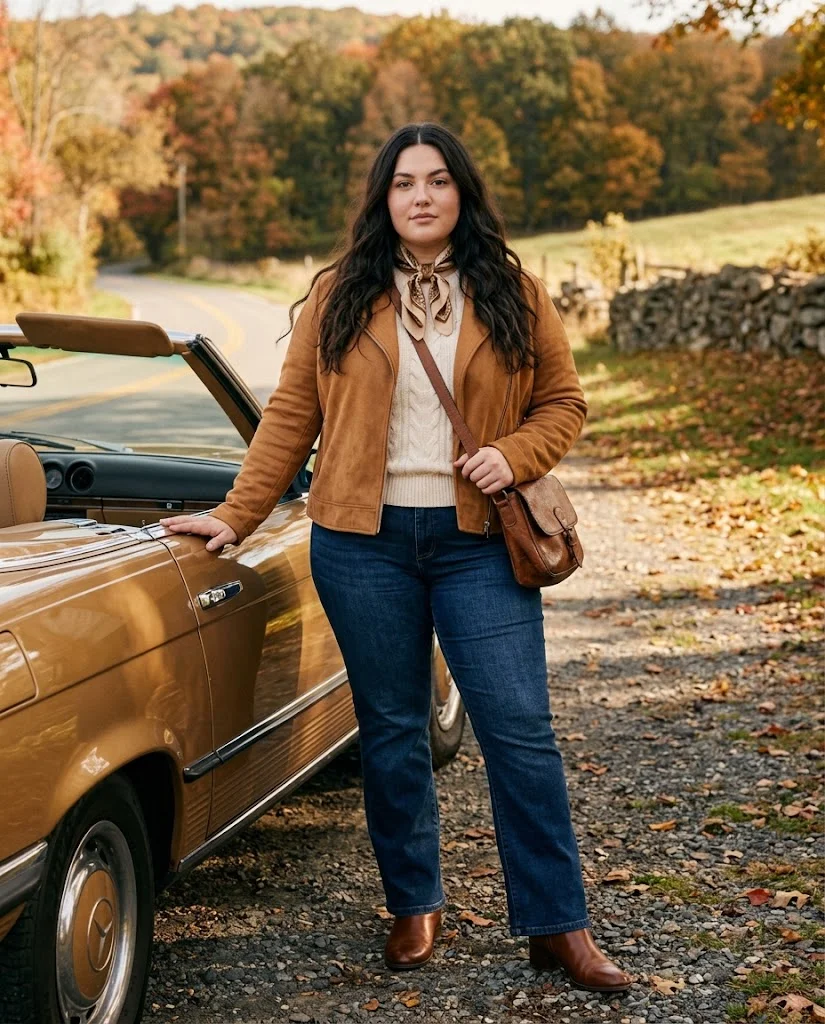 Faux-Suede Jacket with Bootcut Jeans Plus Size October Outfit
