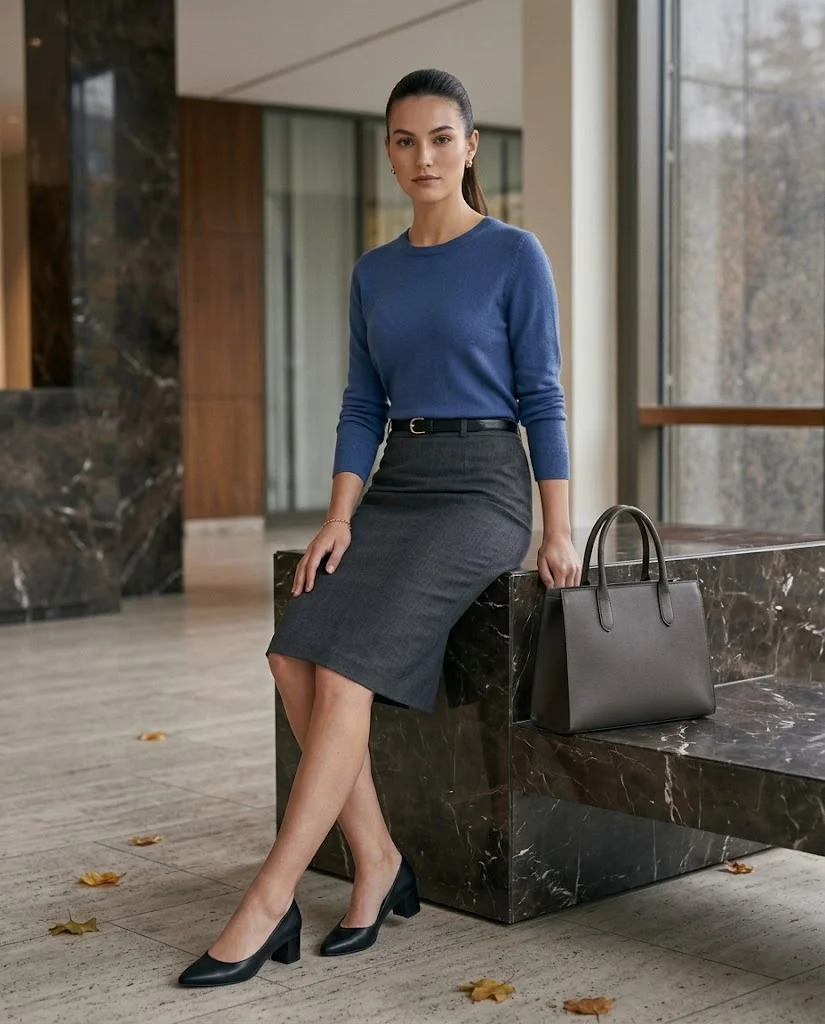 22 Fall Professional Outfits for Women: Chic Office Looks for Every Workday 14 Fine-Knit Sweater with a Wool Pencil Skirt Fall Professional Outfit