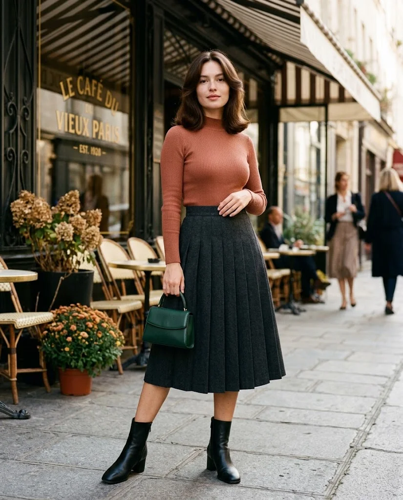 Fitted Mock-Neck Top with A-Line Midi Skirt October Outfit
