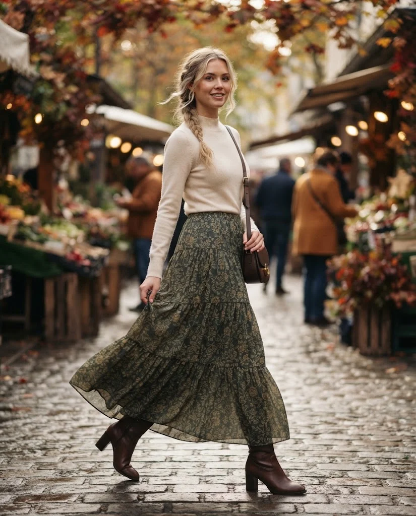 Fitted Sweater with Tiered Maxi Skirt October Outfit