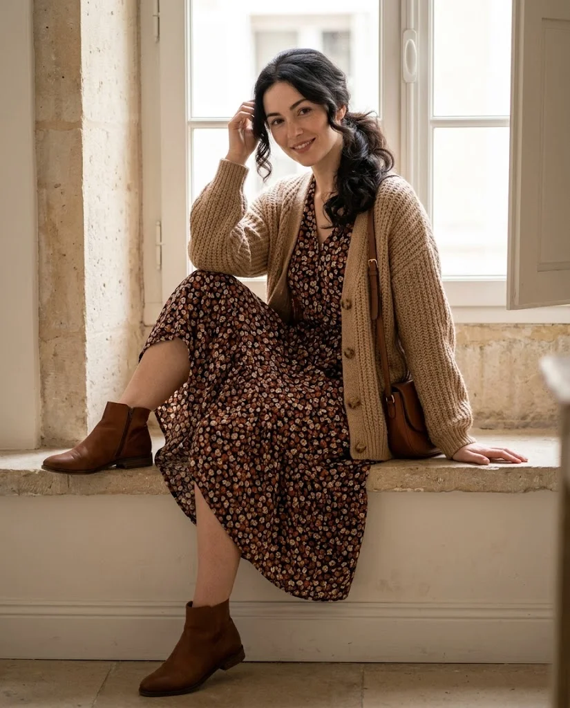 21 Boho Chic Fall Outfits: Effortless Bohemian Style Ideas 12 Floral Midi Dress with a Chunky Knit Cardigan Boho Chic Fall Outfit