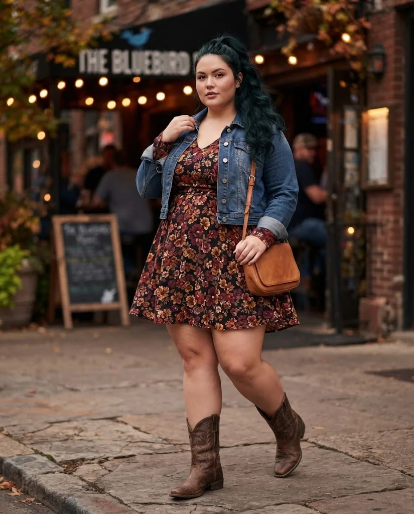 Plus Size Fall Bar Outfits: 20 Chic Looks for Nights Out 19 Floral Mini Dress With a Cropped Denim Jacket and Western Boots Plus Size Fall Bar Outfit