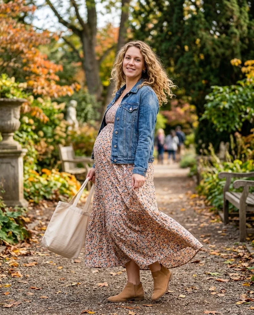 Flowy Maxi Dress with a Denim Jacket Fall Pregnancy Outfit