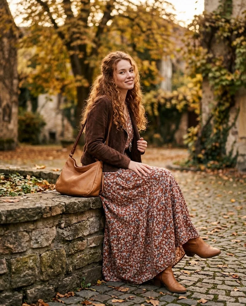 21 Boho Chic Fall Outfits: Effortless Bohemian Style Ideas 2 Flowy Maxi Dress with a Suede Jacket Boho Chic Fall Outfit