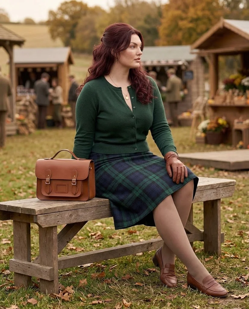 Forest Green Cardigan With Tartan Wool Skirt and Leather Loafers Old Money Fall Fair Outfit