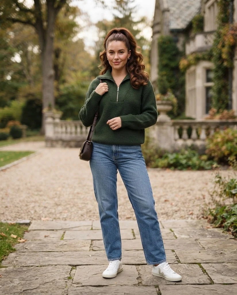 Forest Green Half-Zip with Relaxed Denim Old Money Comfy Fall Outfit
