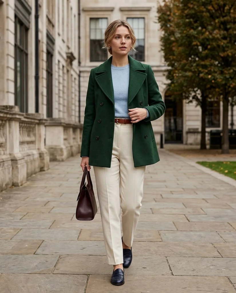 Forest Green Peacoat with Ecru Trousers Peacoat Fall Outfit