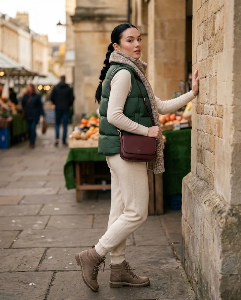 20 Late Fall Outfit Ideas for Women 3 Forest Green Puffer Vest with Cream Knit Pants Late Fall Outfit