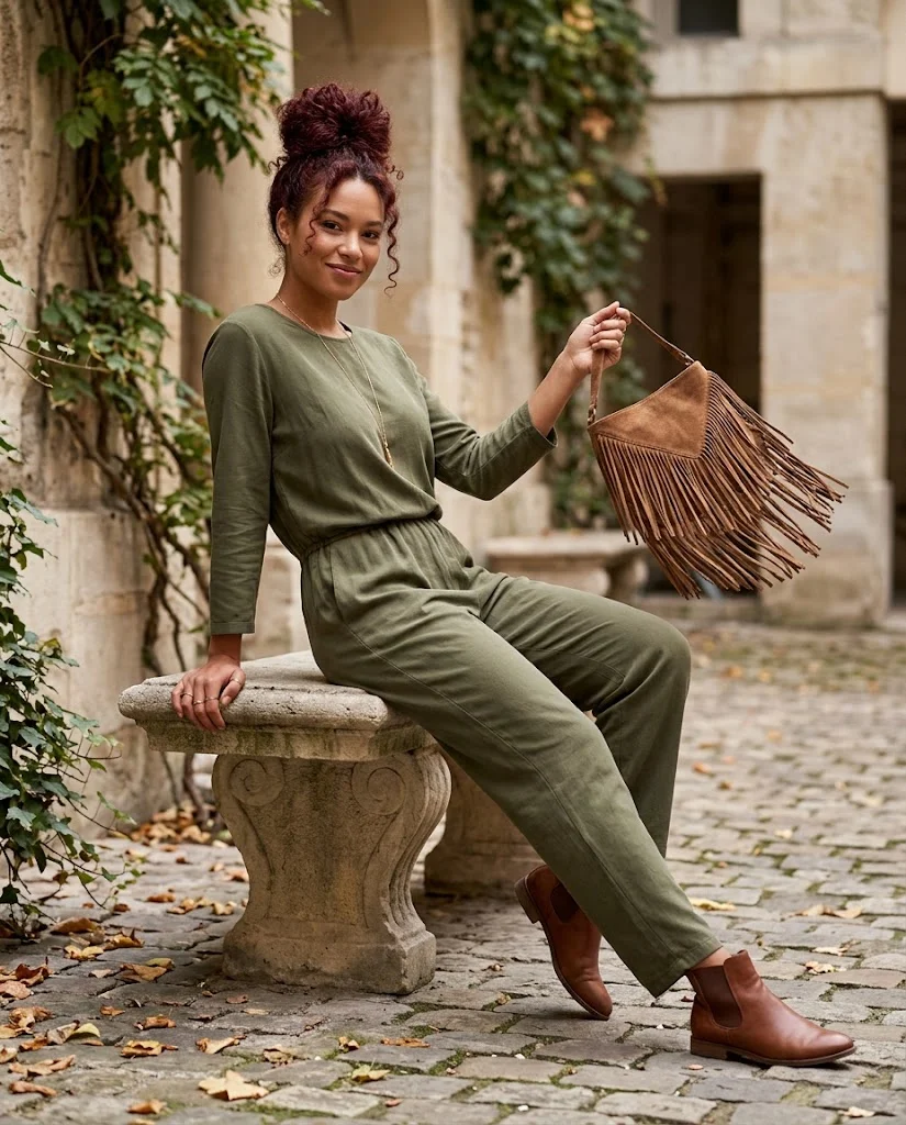 21 Boho Chic Fall Outfits: Effortless Bohemian Style Ideas 16 Fringe Bag with a Relaxed Jumpsuit Boho Chic Fall Outfit