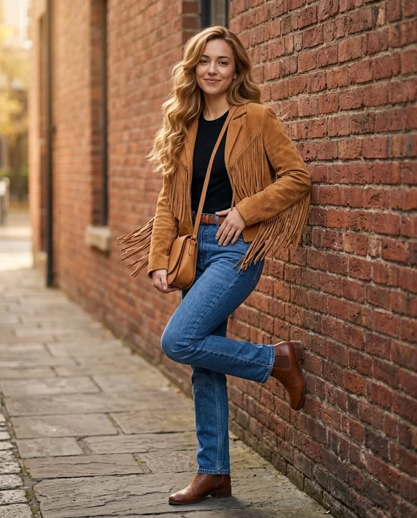 21 Boho Chic Fall Outfits: Effortless Bohemian Style Ideas 6 Fringe Jacket with a Simple Denim Outfit Boho Chic Fall Outfit