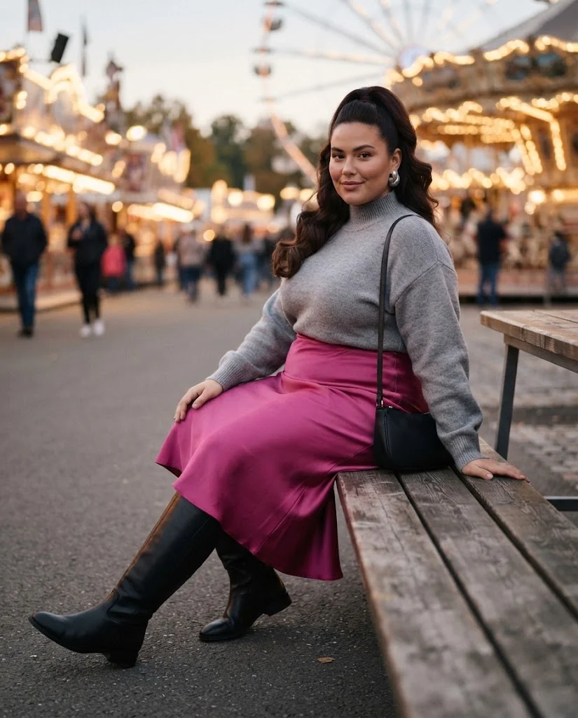 Plus Size Fall Fair Outfits: 20 Flattering and Comfortable Looks 13 Fuchsia Satin Midi Skirt With Dove-Gray Cropped Knit and Black Riding Boots Plus Size Fall Fair Outfit