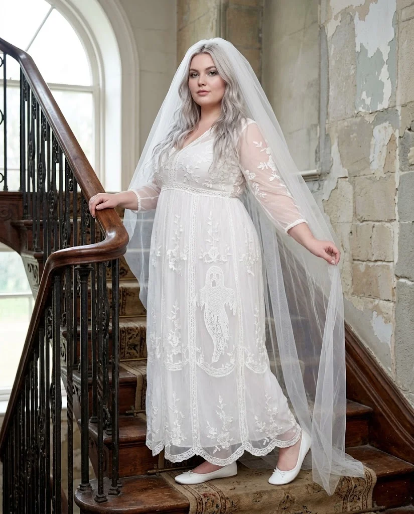Ghost-Inspired White Dress Plus Size Halloween Outfit