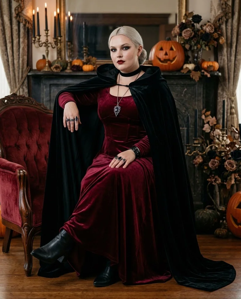 Glam Vampire in a Burgundy Dress Plus Size Halloween Outfit