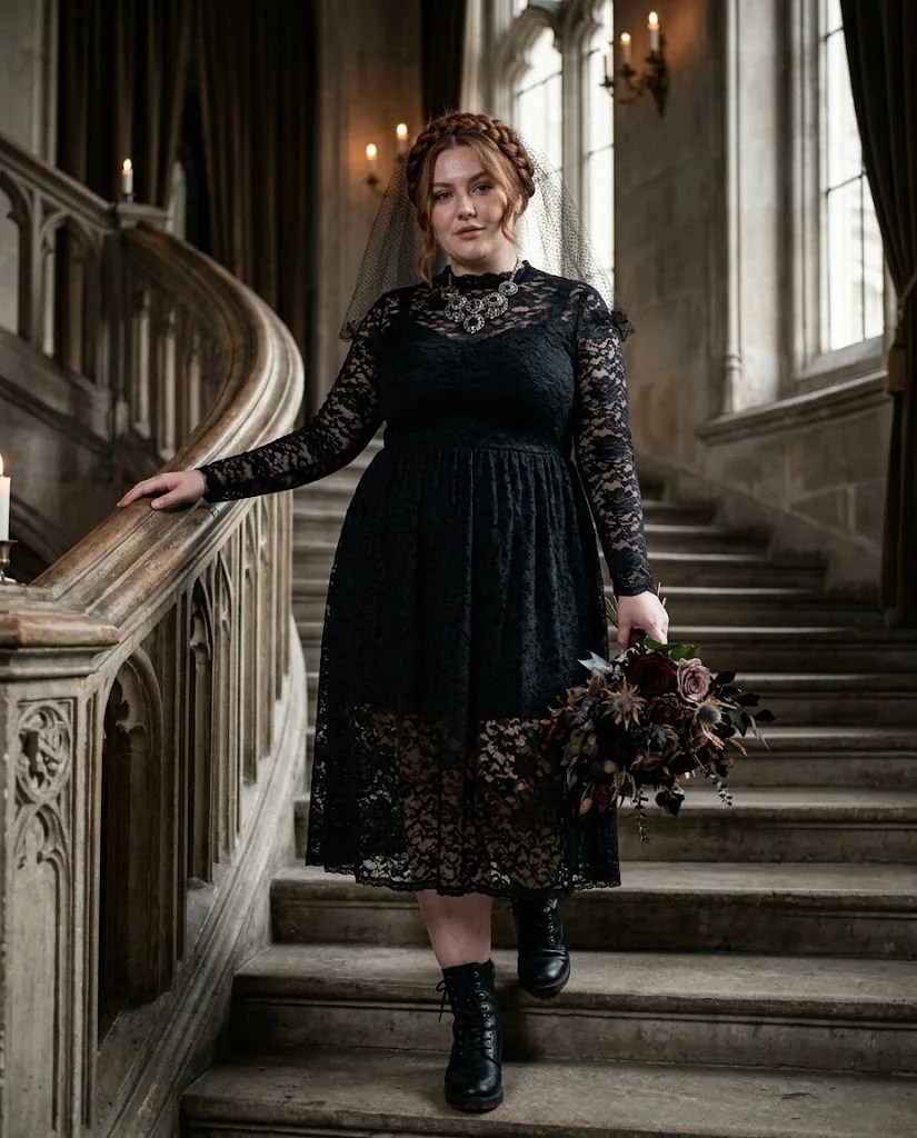 Gothic Bride with a Black Lace Dress Plus Size Halloween Outfit