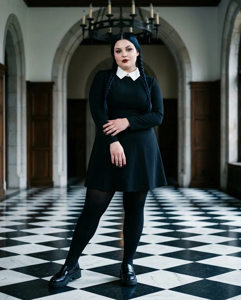 Gothic Wednesday-Inspired Outfit Plus Size Halloween Outfit