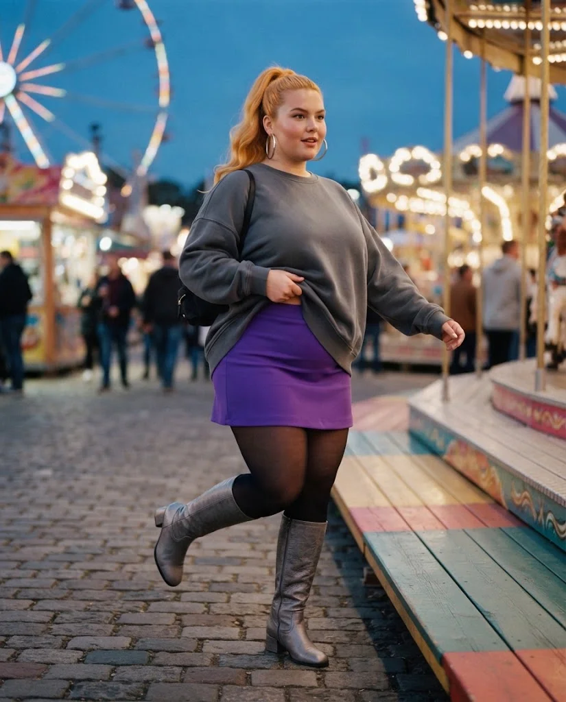 Plus Size Fall Fair Outfits: 20 Flattering and Comfortable Looks 20 Graphite Oversized Sweatshirt With Electric-Purple Mini Skirt and Tall Silver Boots Plus Size Fall Fair Outfit