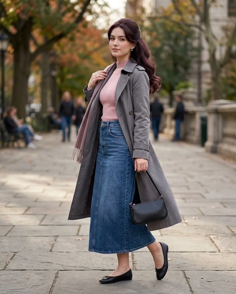 Trench Coat Fall Outfits: 22 Chic Outfit Ideas to Elevate Your Autumn Wardrobe 10 Gray Trench Coat with a Denim Maxi Skirt Trench Coat Fall Outfit