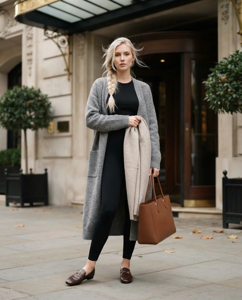 Heather Gray Cardigan with Black Leggings and Loafers Old Money Comfy Fall Outfit
