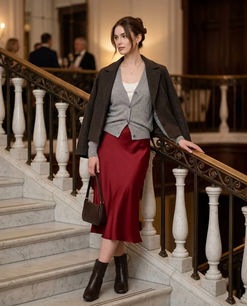 20 Late Fall Outfit Ideas for Women 16 Heather Gray Cardigan with Cranberry Satin Skirt Late Fall Outfit