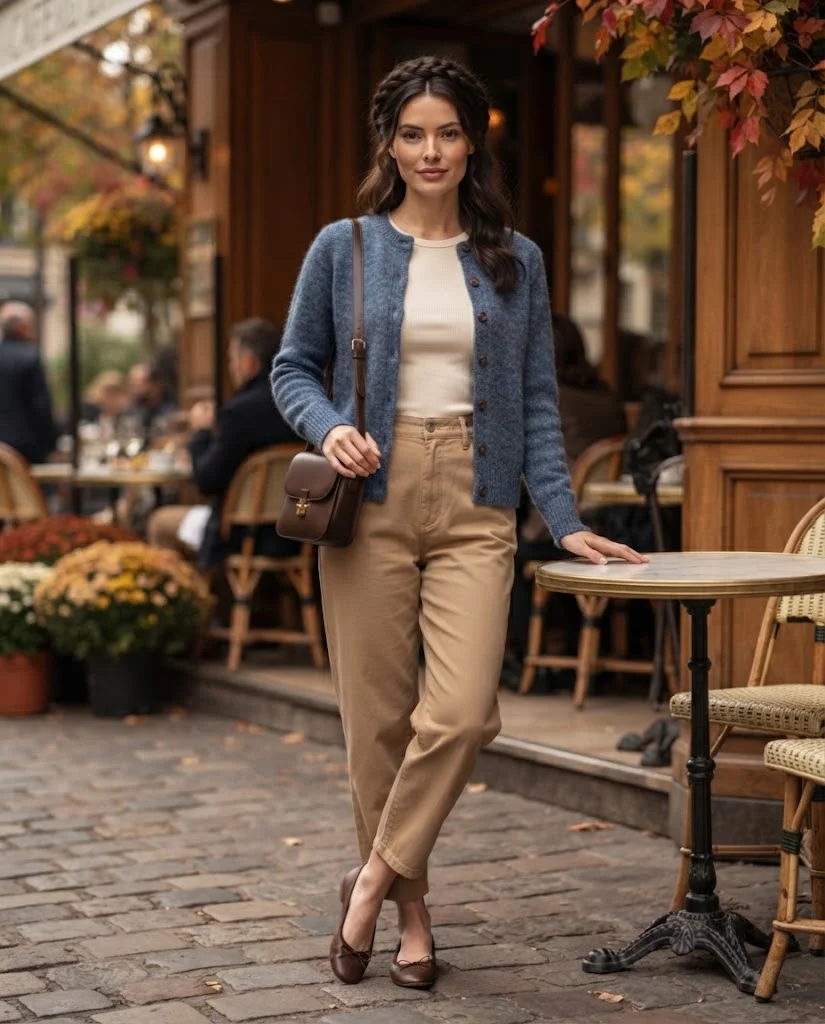 Heathered Blue Cardigan with Tan Barrel-Leg Pants Old Money Comfy Fall Outfit