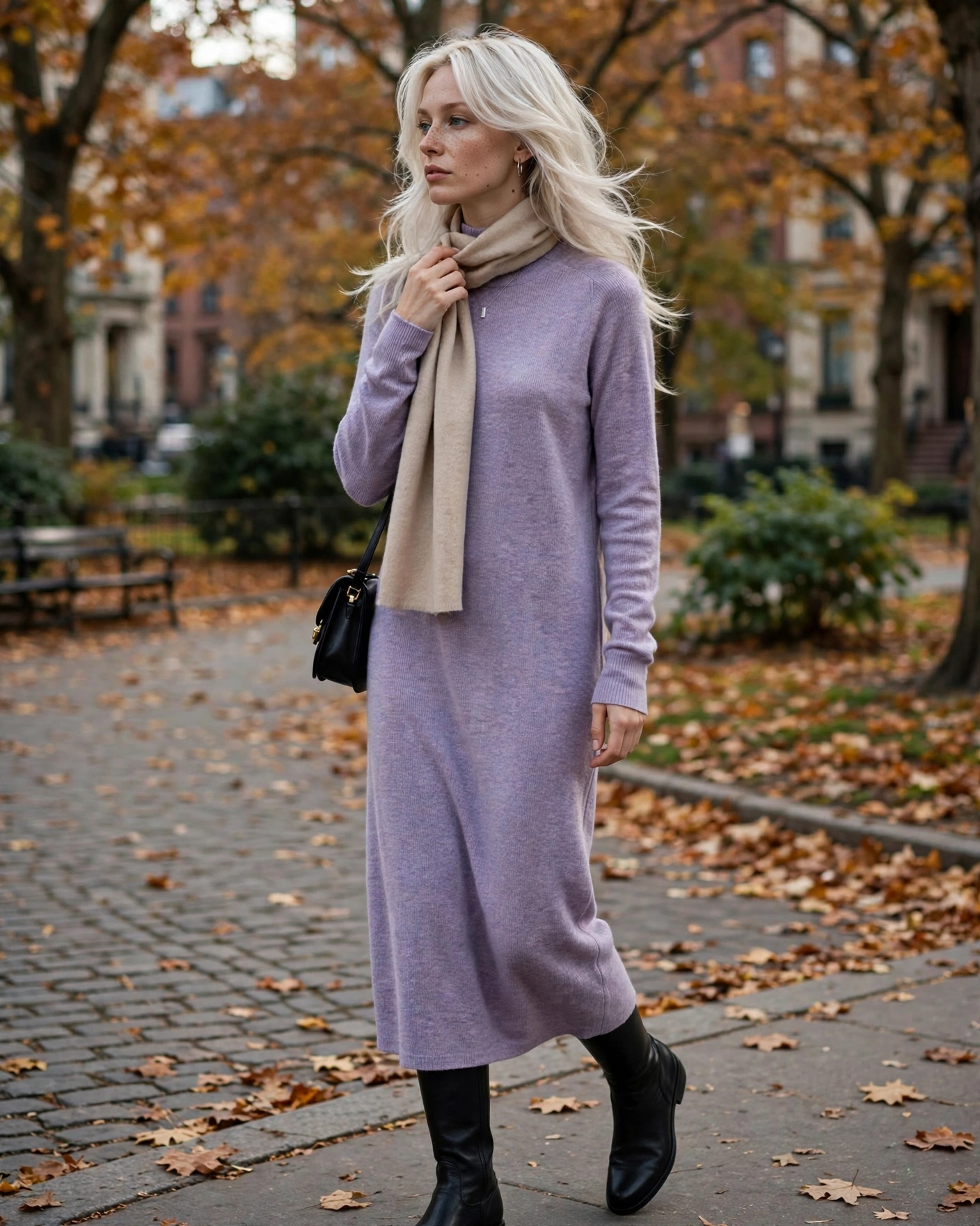Fall Sweater Dress Outfits: 22 Cozy and Chic Looks You’ll Want to Wear All Season 15 Heathered Lavender Sweater Dress with Black Riding Boots Sweater Dress Fall Outfit