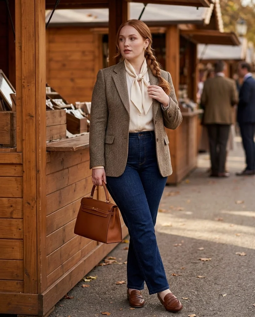 Herringbone Tweed Blazer With Cream Silk Blouse and Dark Indigo Jeans Old Money Fall Fair Outfit