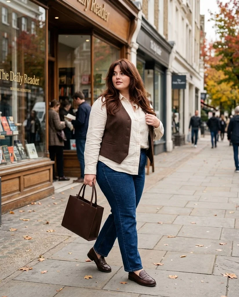 High-Rise Jeans with a Relaxed Button-Up and Vest Plus Size October Outfit