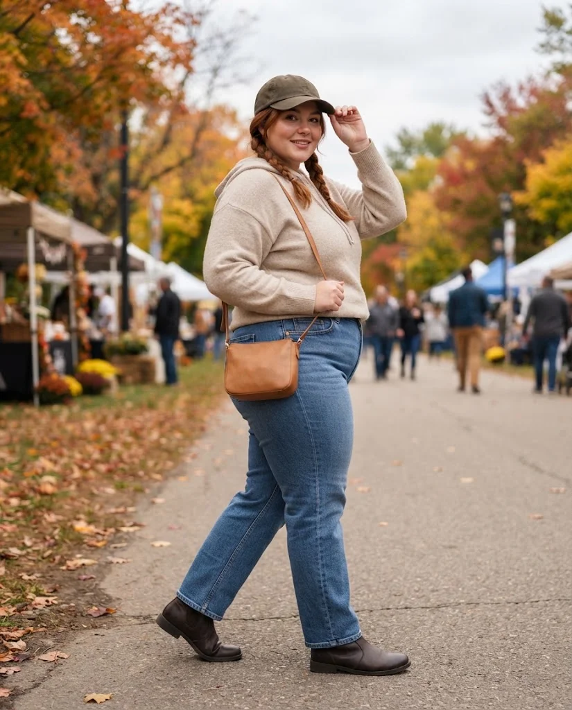 Hoodie + Straight-Leg Jeans + Casual Boots Plus Size Comfy Fall Outfit