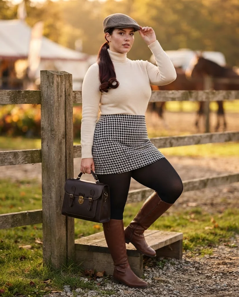 Houndstooth Mini Skirt With Cream Turtleneck and Riding Boots Old Money Fall Fair Outfit