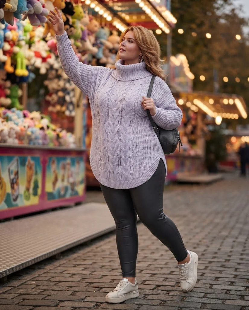 Plus Size Fall Fair Outfits: 20 Flattering and Comfortable Looks 4 Icy Lavender Cable Knit Tunic With Charcoal Leather Leggings and Platform Sneakers Plus Size Fall Fair Outfit