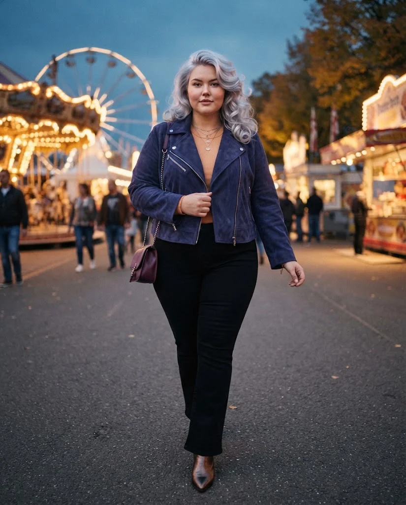Plus Size Fall Fair Outfits: 20 Flattering and Comfortable Looks 14 Indigo Suede Biker Jacket With Apricot Knit Top and Black Bootcut Jeans Plus Size Fall Fair Outfit