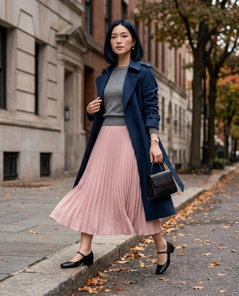 Trench Coat Fall Outfits: 22 Chic Outfit Ideas to Elevate Your Autumn Wardrobe 21 Ink Blue Trench with a Soft Pink Midi Skirt Trench Coat Fall Outfit