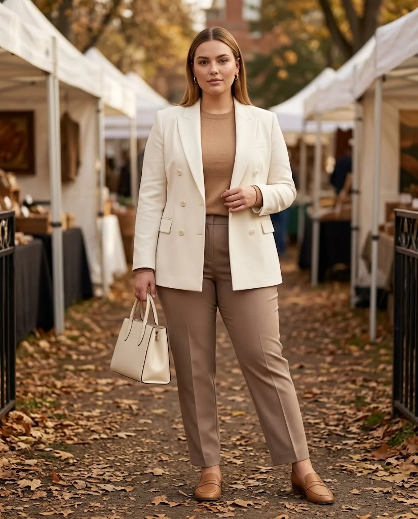 Ivory Double Breasted Blazer With Camel Knit and Taupe Trousers Old Money Fall Fair Outfit