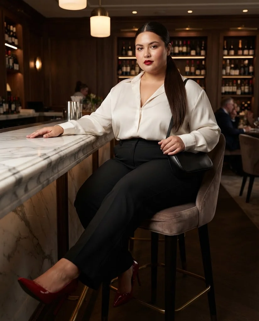Plus Size Fall Bar Outfits: 20 Chic Looks for Nights Out 16 Ivory Silk Blouse With High Waist Black Trousers and Red Heels Plus Size Fall Bar Outfit