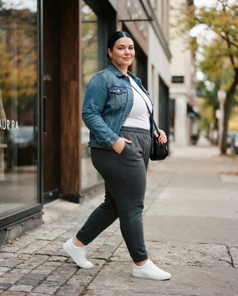 Joggers + Denim Jacket + Fitted Tee Plus Size Comfy Fall Outfit