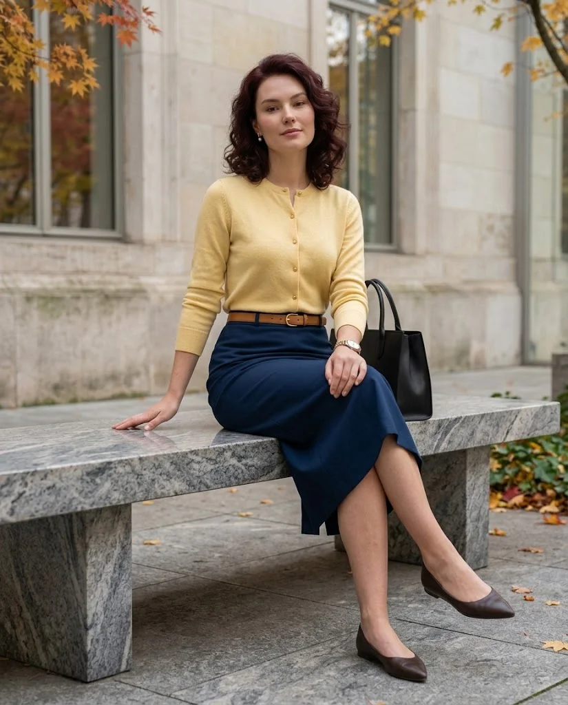 22 Fall Professional Outfits for Women: Chic Office Looks for Every Workday 22 Knit Cardigan with a Straight Midi Skirt Fall Professional Outfit