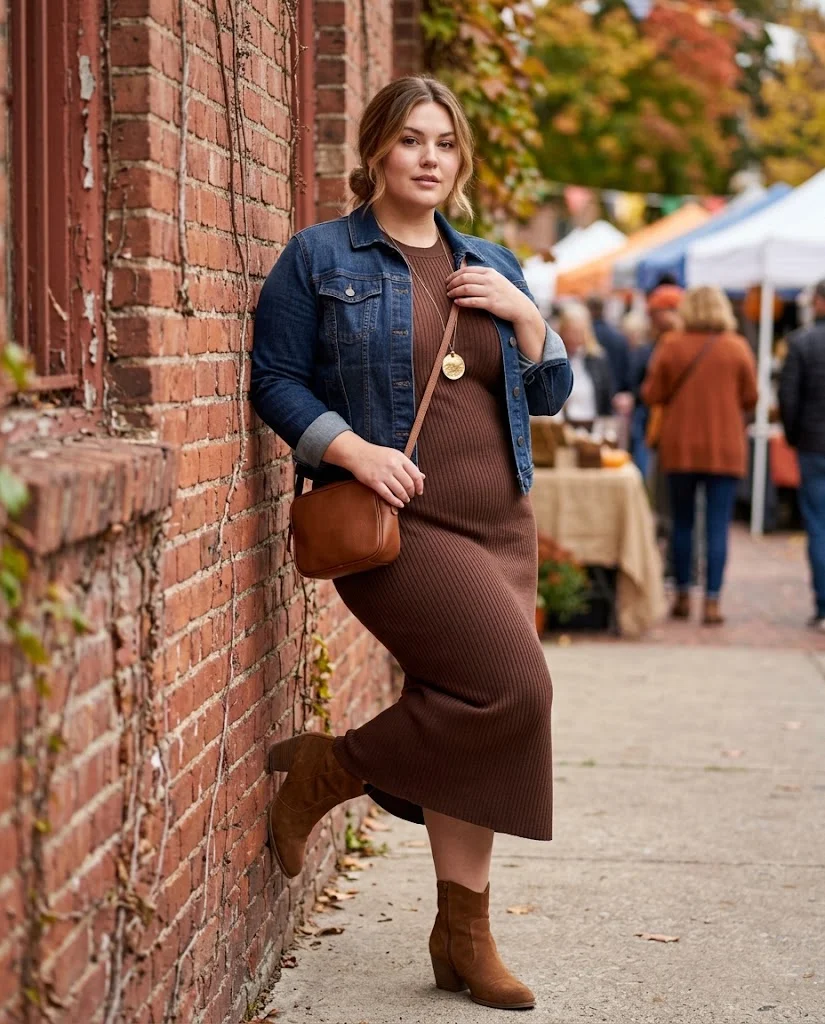 Knit Maxi Dress with a Short Denim Jacket Plus Size October Outfit