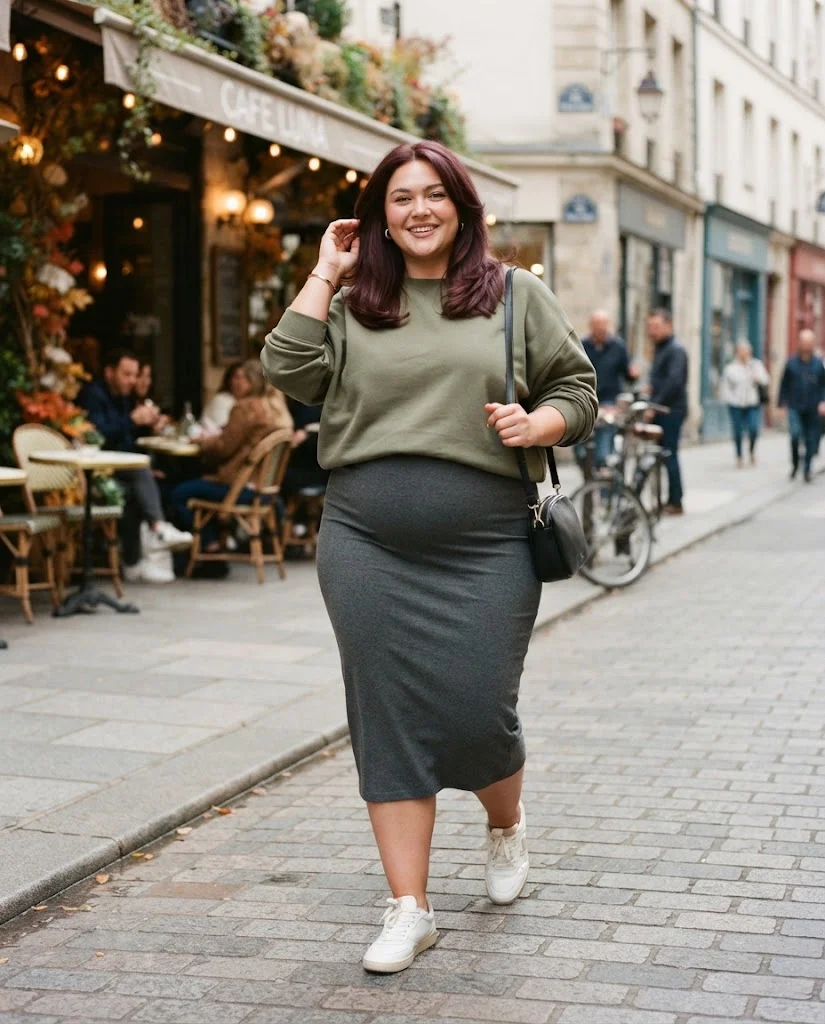Knit Midi Skirt + Oversized Sweatshirt + Sneakers Plus Size Comfy Fall Outfit