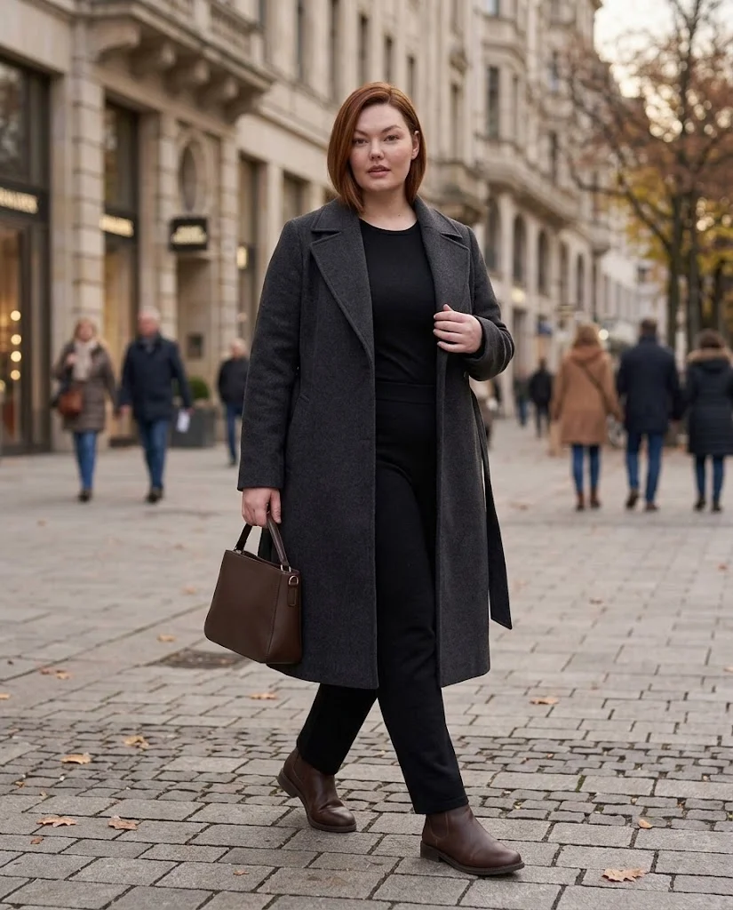 Knit Pants and Structured Coat with Ankle Boots Plus Size Late Fall Outfit