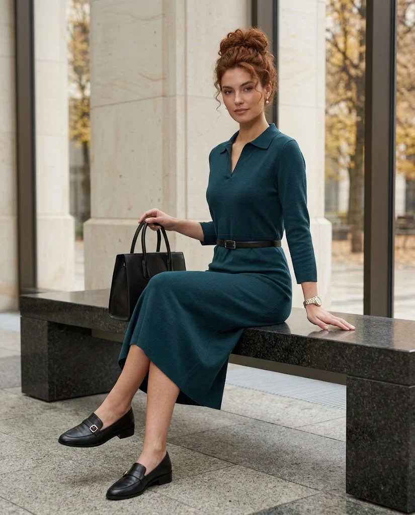 22 Fall Professional Outfits for Women: Chic Office Looks for Every Workday 19 Knit Polo Dress with a Structured Bag Fall Professional Outfit