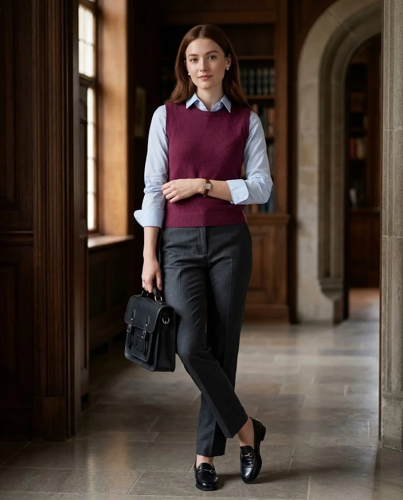 22 Fall Professional Outfits for Women: Chic Office Looks for Every Workday 8 Knit Vest over a Button-Up Shirt Fall Professional Outfit