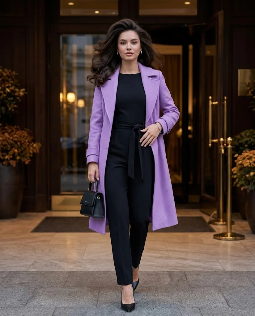 Trench Coat Fall Outfits: 22 Chic Outfit Ideas to Elevate Your Autumn Wardrobe 18 Lavender Trench with a Black Jumpsuit Trench Coat Fall Outfit