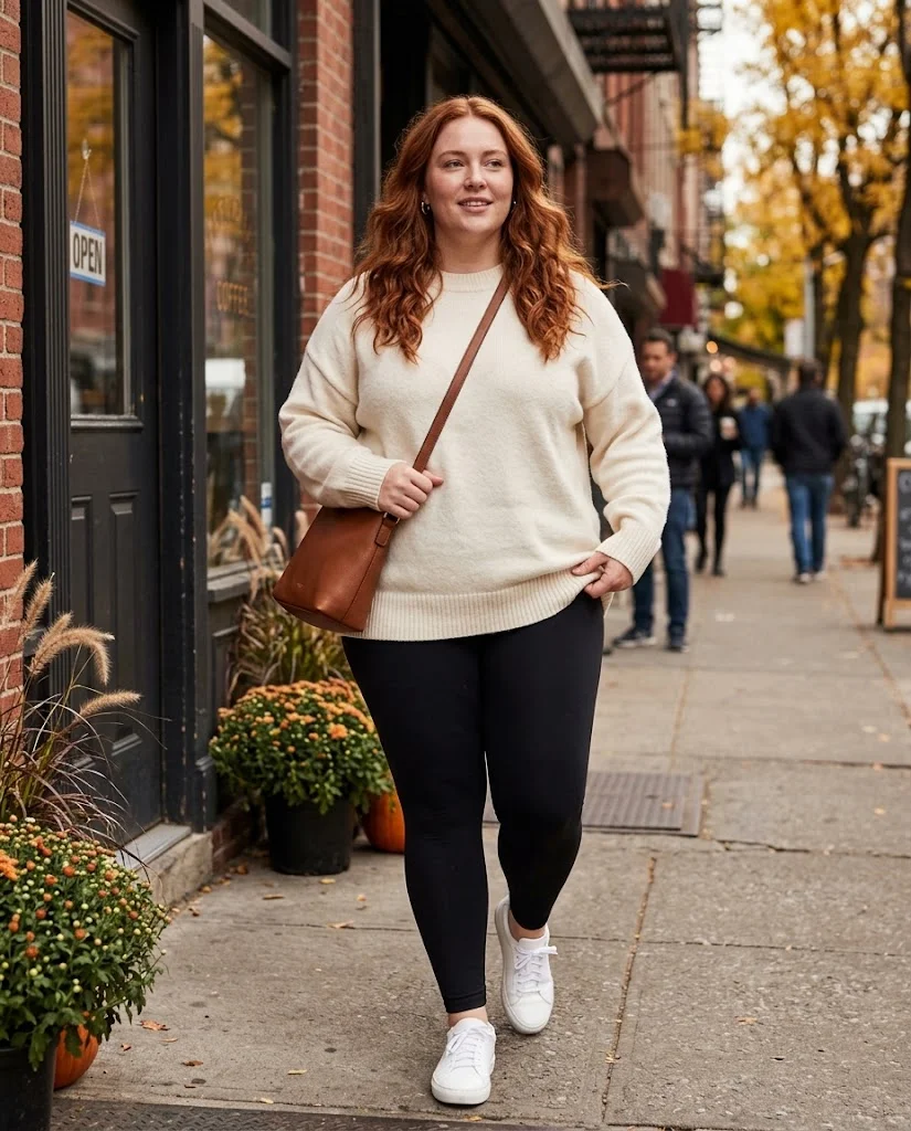 Leggings + Oversized Sweater + Sneakers Plus Size Comfy Fall Outfit