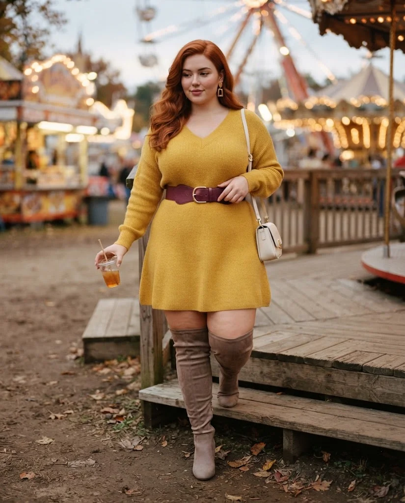 Plus Size Fall Fair Outfits: 20 Flattering and Comfortable Looks 15 Lemon-Mustard Sweater Dress With Plum Belt and Taupe Over-the-Knee Boots Plus Size Fall Fair Outfit