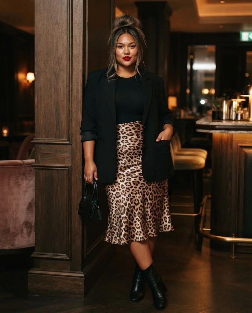 Plus Size Fall Bar Outfits: 20 Chic Looks for Nights Out 13 Leopard Print Slip Skirt With an Oversized Black Blazer Plus Size Fall Bar Outfit