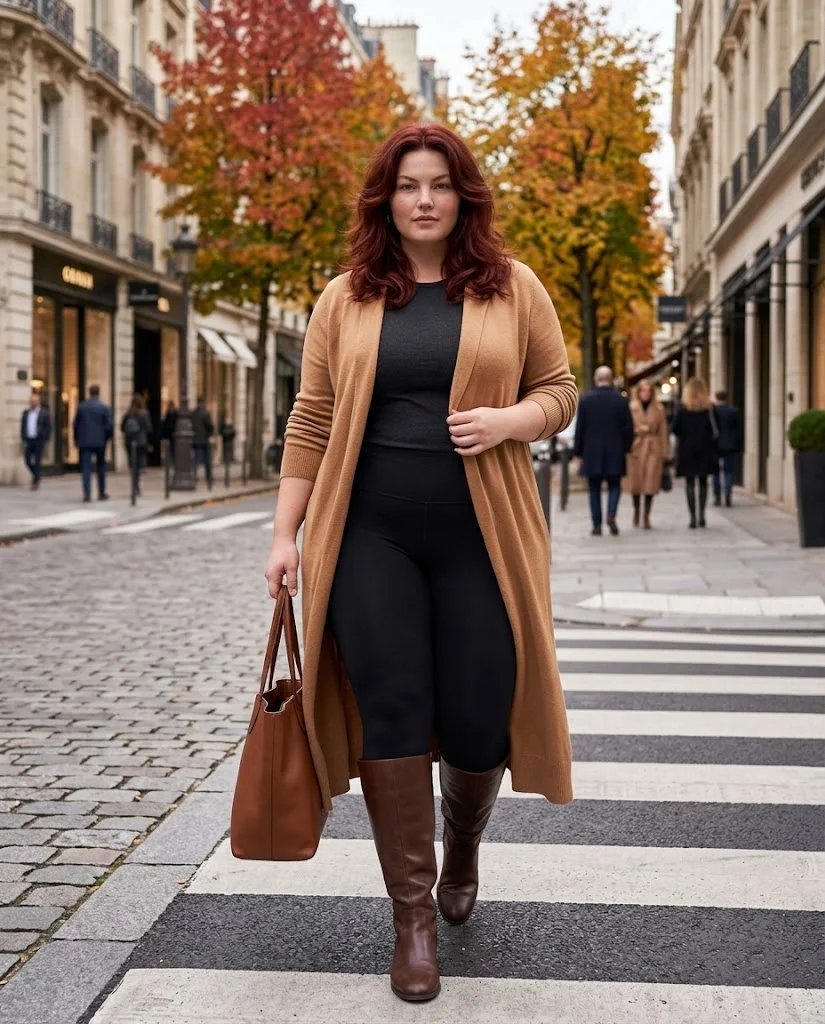 Plus Size Cold Fall Outfits: Cozy Looks for Chilly Autumn Days 10 Long Cardigan + Leggings + Tall Boots Plus Size Cold Fall Outfit