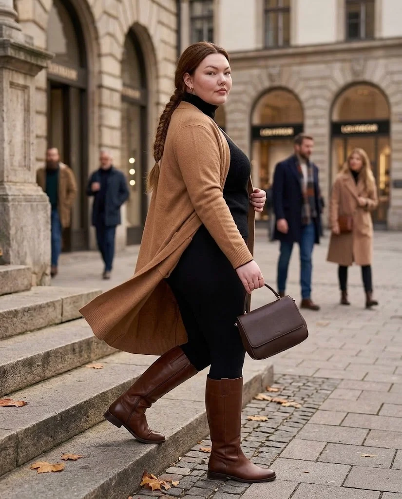 Long Cardigan and Leggings with Tall Boots Plus Size Late Fall Outfit