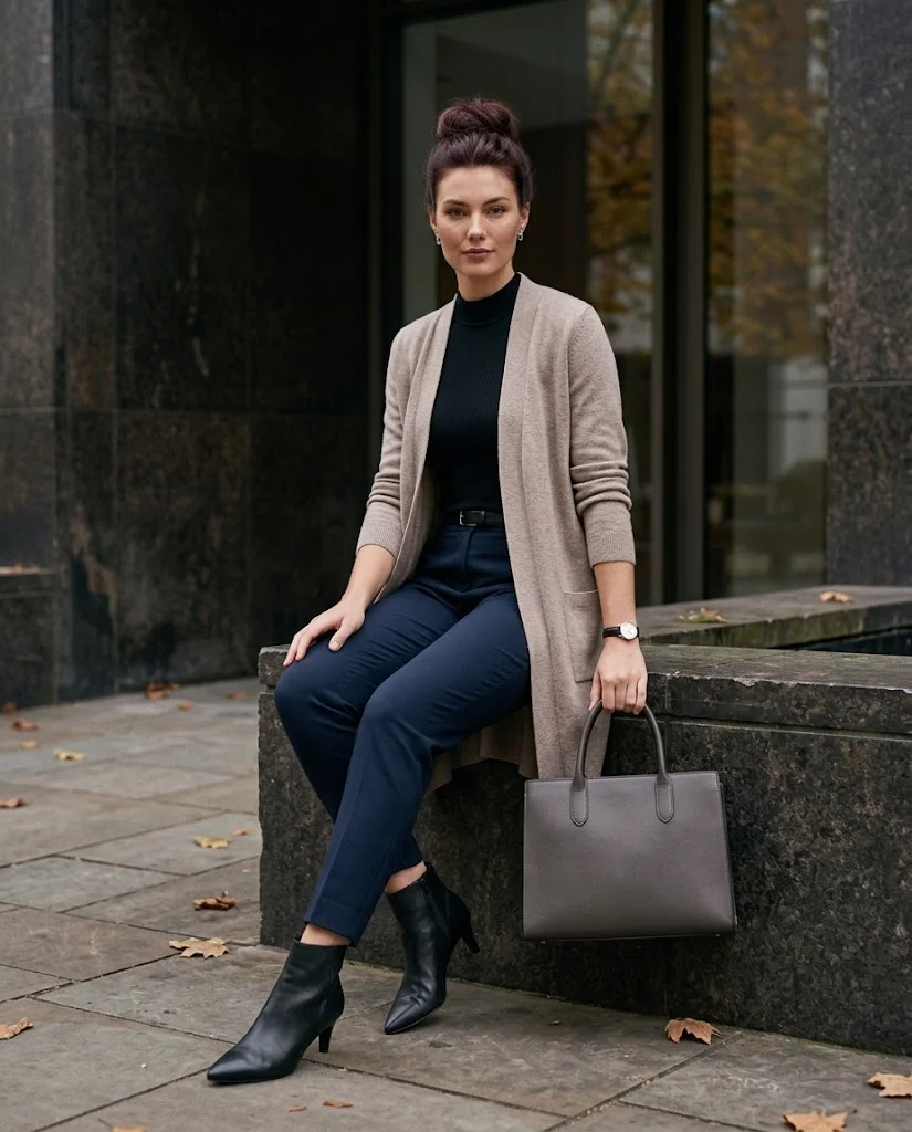 22 Fall Professional Outfits for Women: Chic Office Looks for Every Workday 12 Long Cardigan with Tapered Trousers Fall Professional Outfit